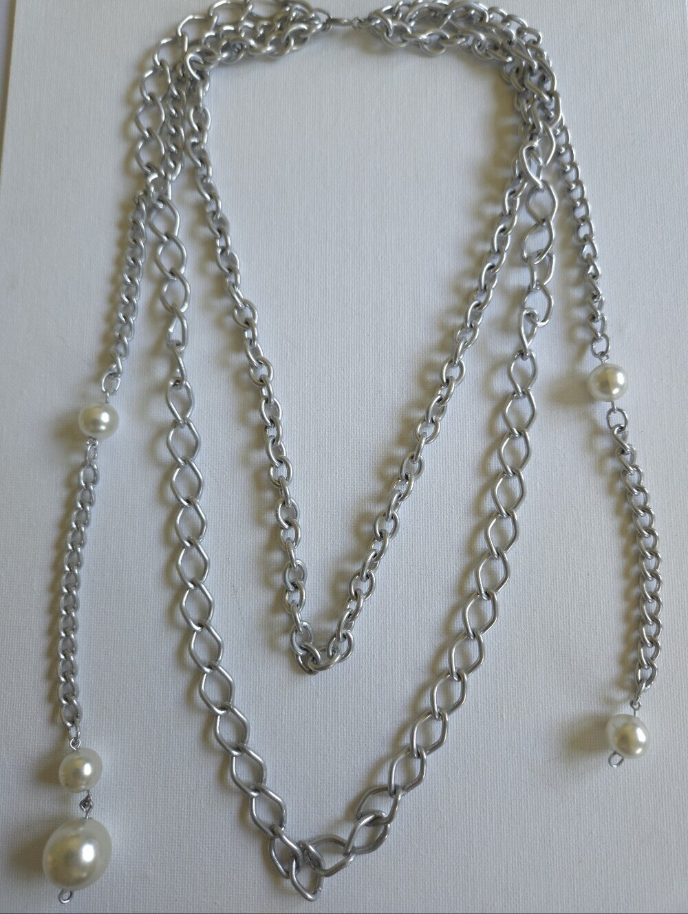 Vintage Multi-Strand Silver Tone Cable Chain Layered Necklace, Faux Pearl Accent